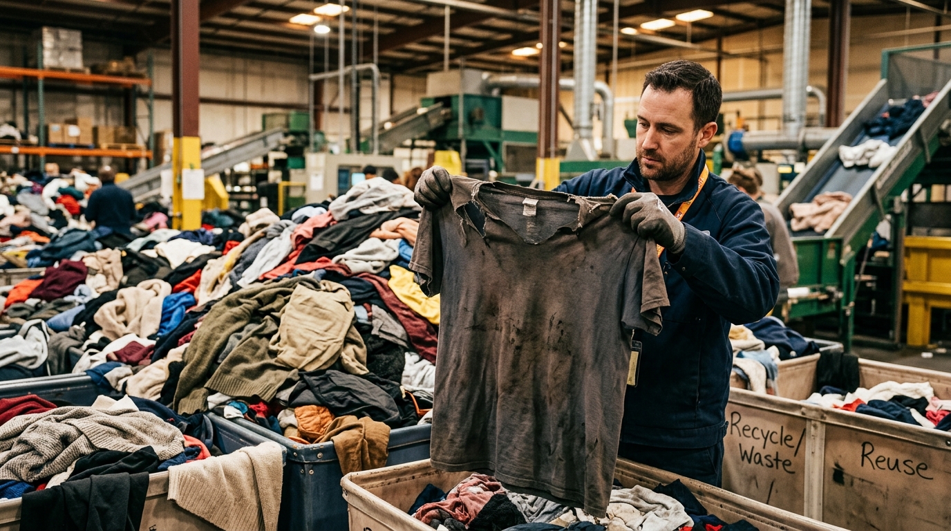 Tri manuel d'un vêtement taché dans un centre de recyclage