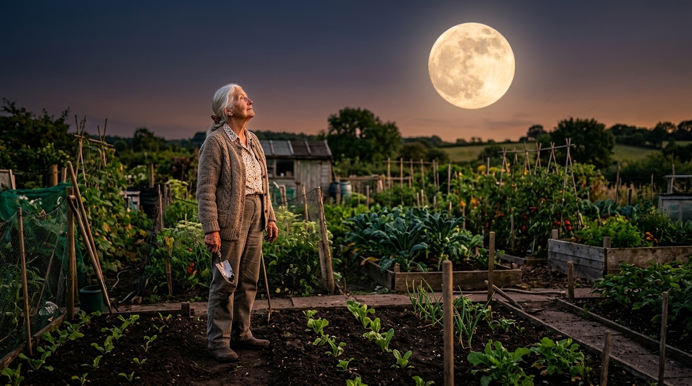 Femme âgée observant la pleine lune dans son potager