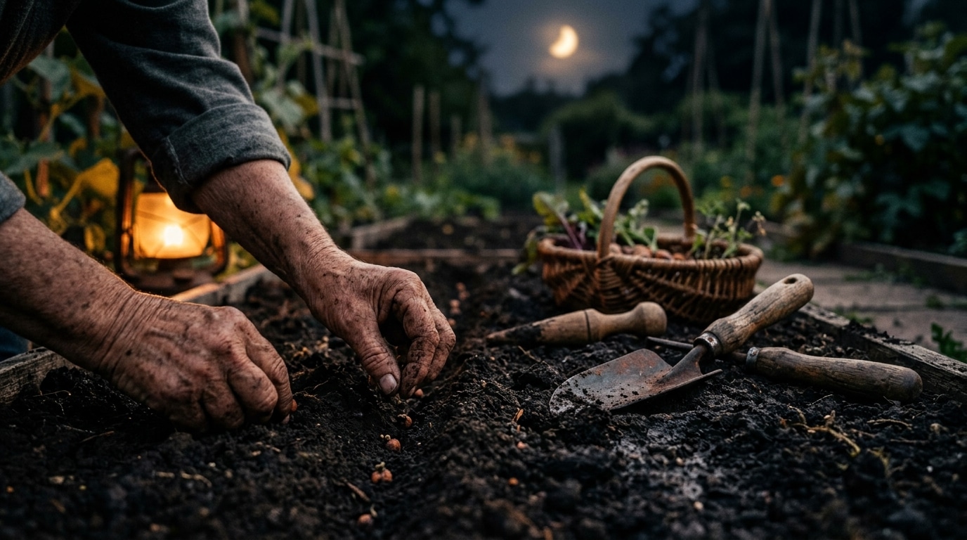 Mains plantant des graines de légumes racines au clair de lune
