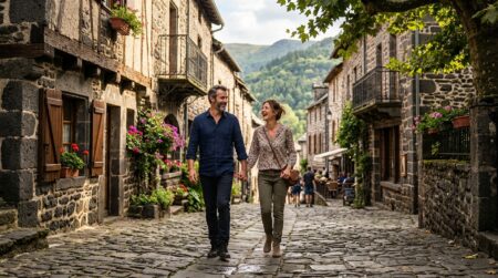 Couple se promenant dans les ruelles ombragées du village auvergnat