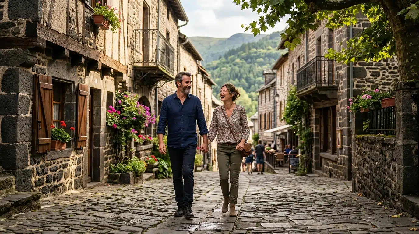 Couple se promenant dans les ruelles ombragées du village auvergnat