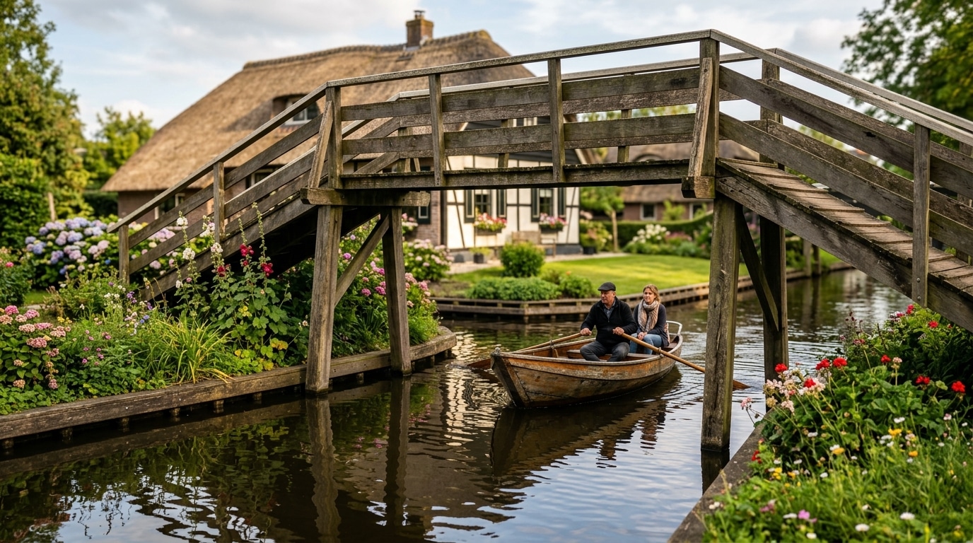 Pont en bois traditionnel au-dessus d'un canal fleuri