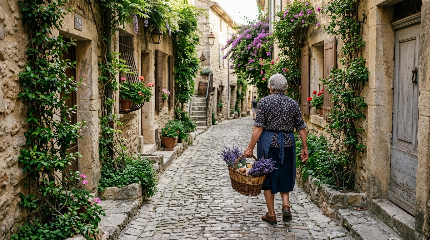Ruelle ombragée typique d'un village provençal en été