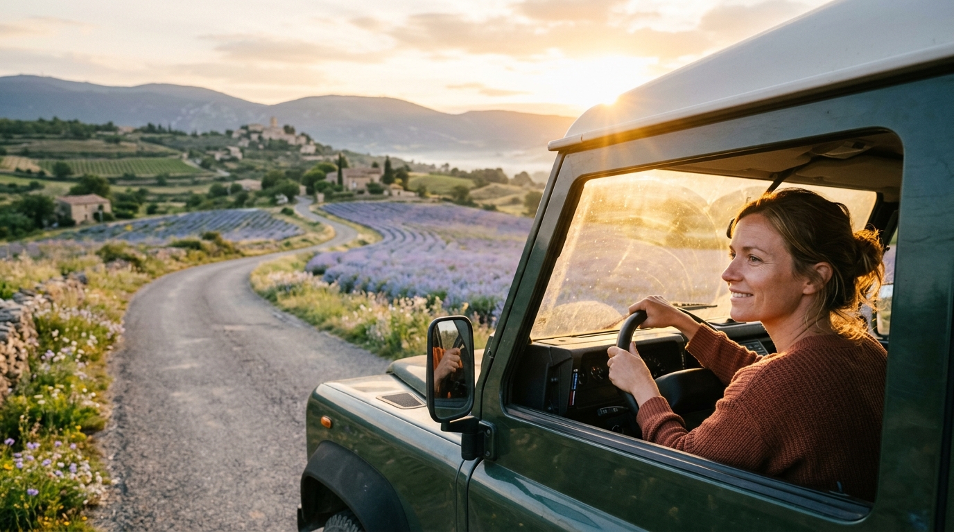 Trajet en voiture vers le Vaucluse au lever du soleil