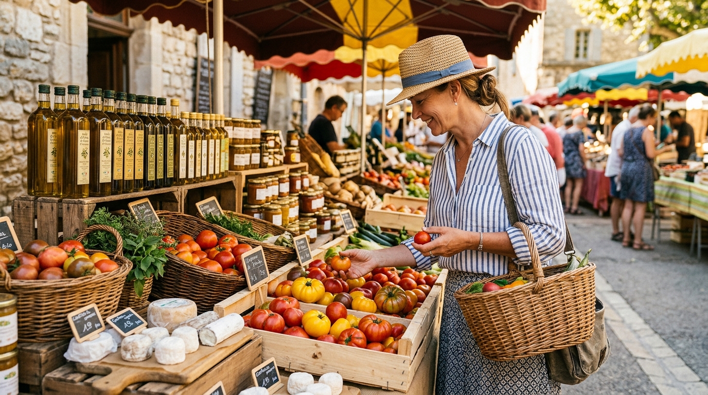 Marché provençal typique avec produits locaux le matin