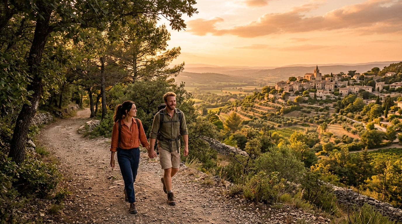 Couple en randonnée surplombant une vallée de Provence