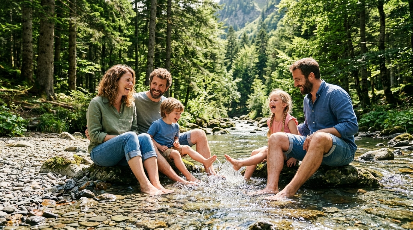 Famille se rafraîchissant dans un torrent de montagne glacé