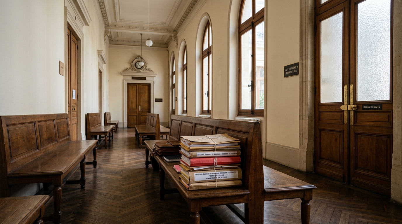 Couloir de tribunal avec dossiers judiciaires empilés