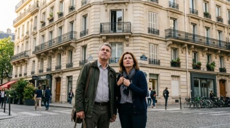 Couple inquiet devant un immeuble parisien
