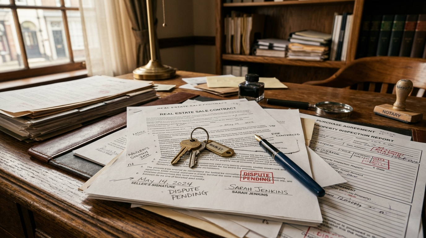 Contrat de vente immobilière avec clés posées dessus