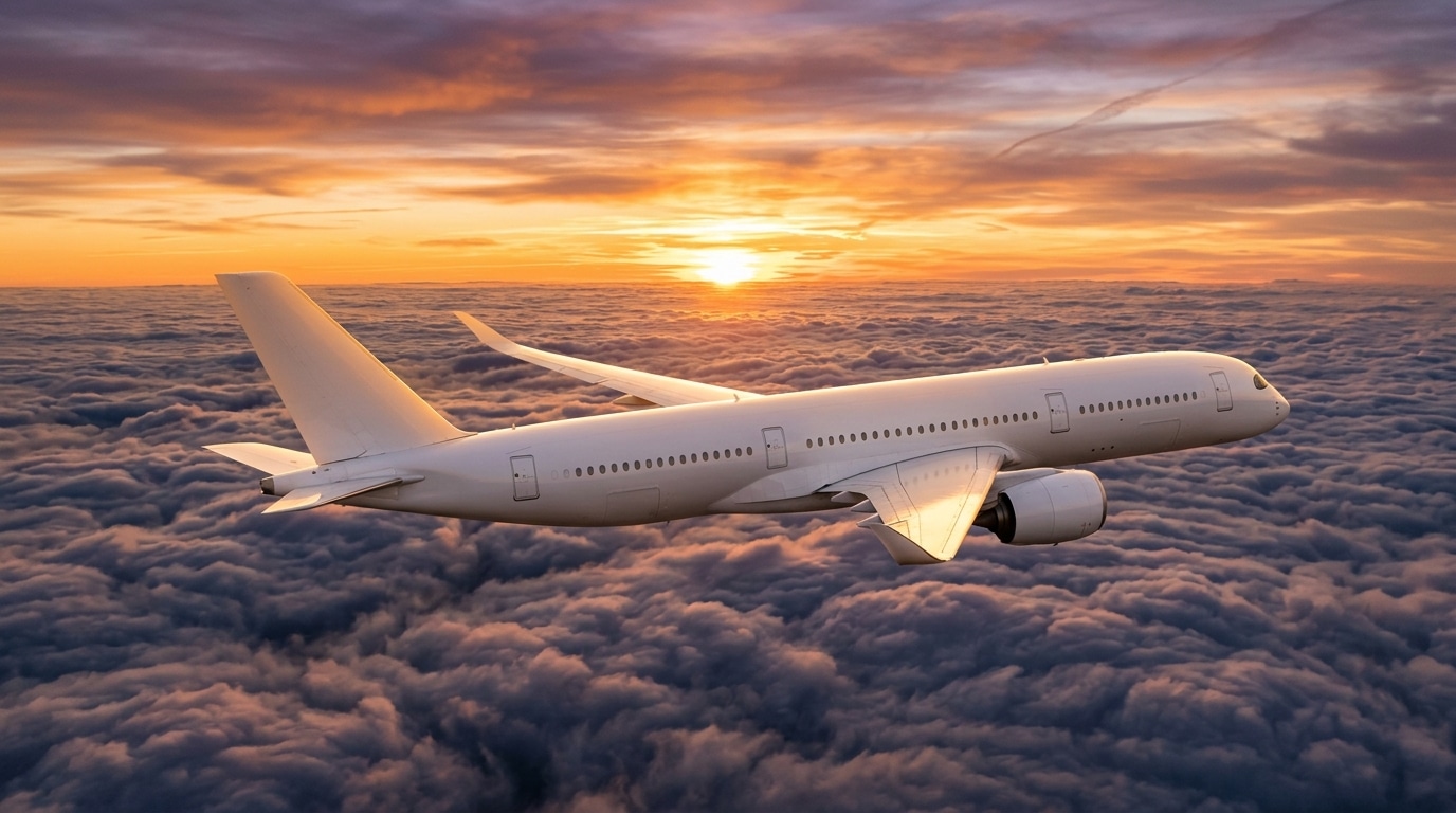 Avion long-courrier survolant une mer de nuages au coucher du soleil