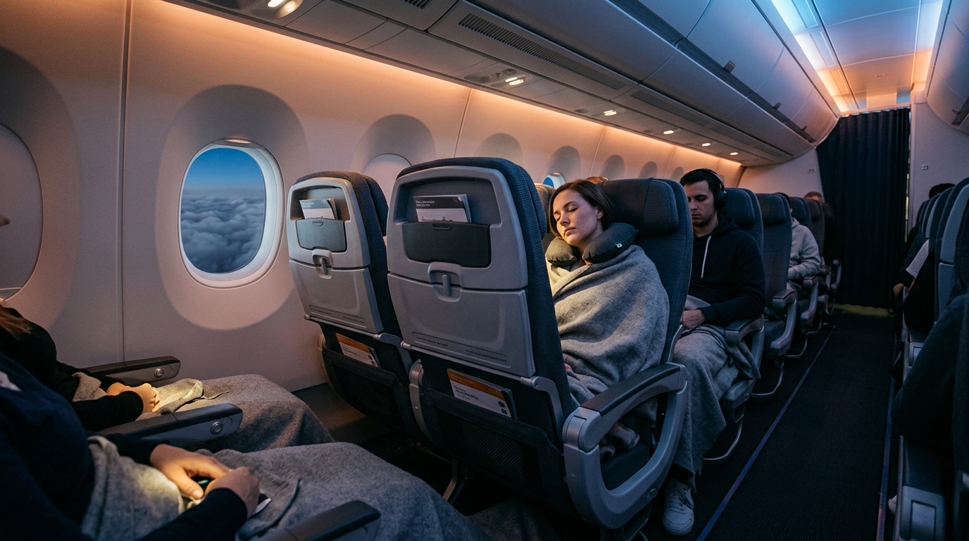 Cabine d'avion moderne éclairée pendant un vol de nuit