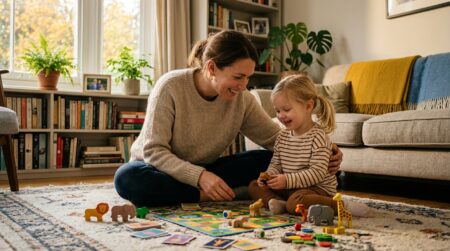 Parent et enfant partageant un moment calme à la maison