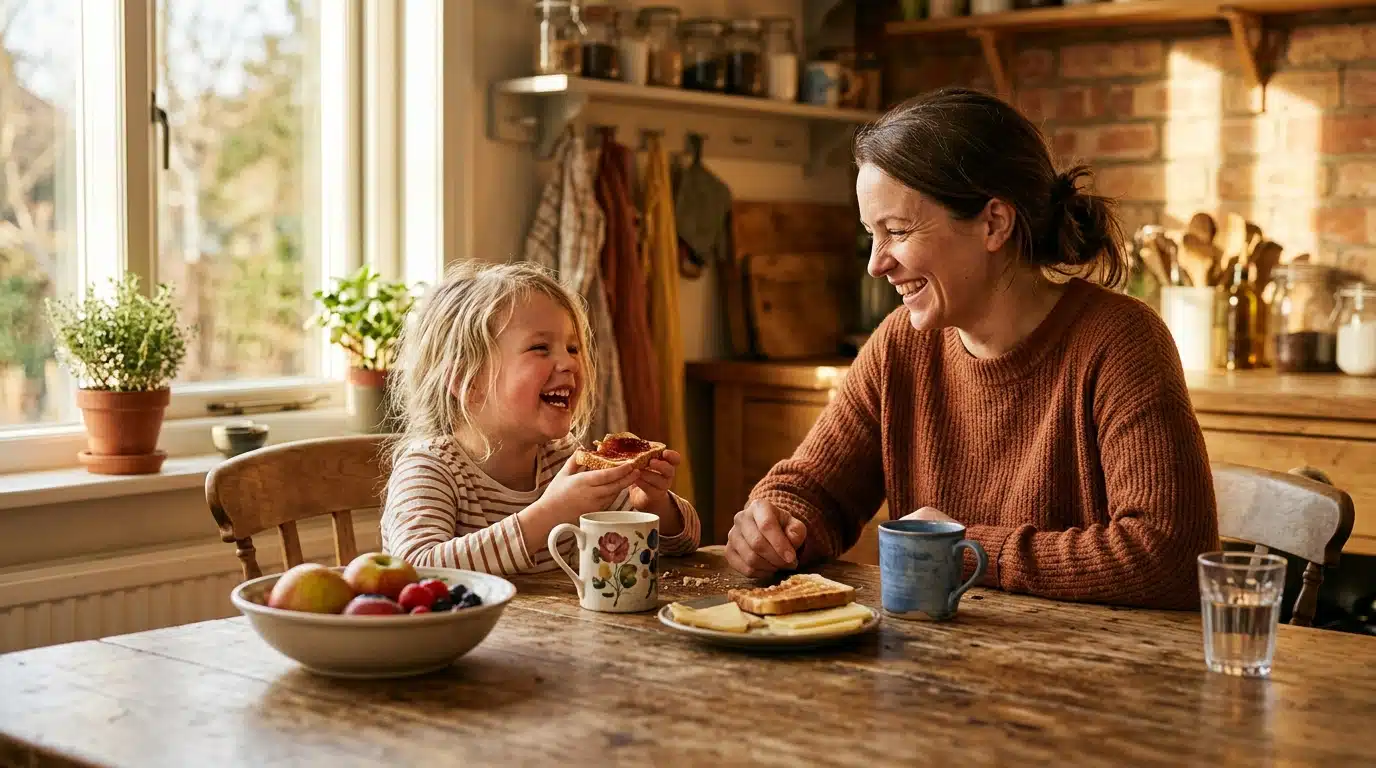 Mère et enfant préparant un goûter ensemble dans la cuisine