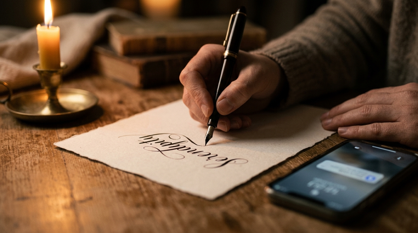 Main écrivant un mot mystérieux sur papier