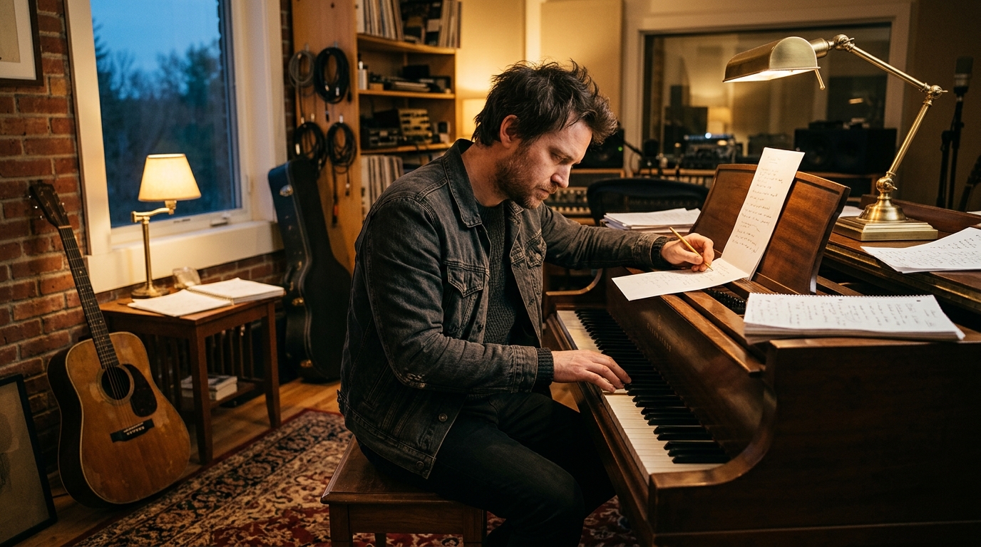 Auteur-compositeur au piano en pleine écriture