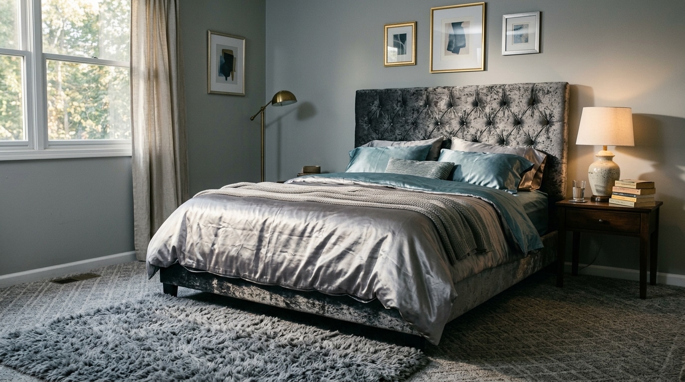 Chambre grise datée avec tapis fluffy et tête de lit velours