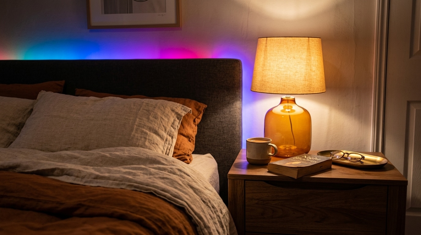 Lampe de chevet chaude contrastant avec guirlande LED colorée