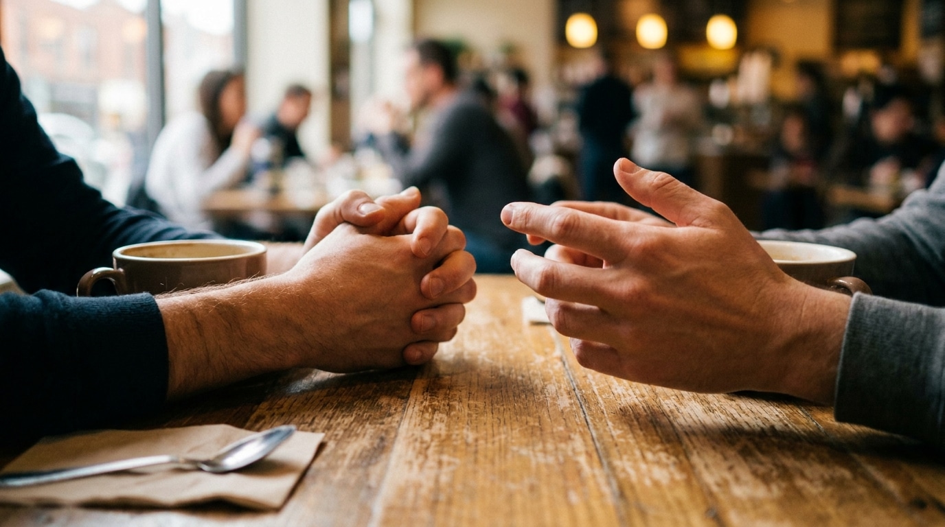 Deux mains sur une table pendant une discussion sérieuse