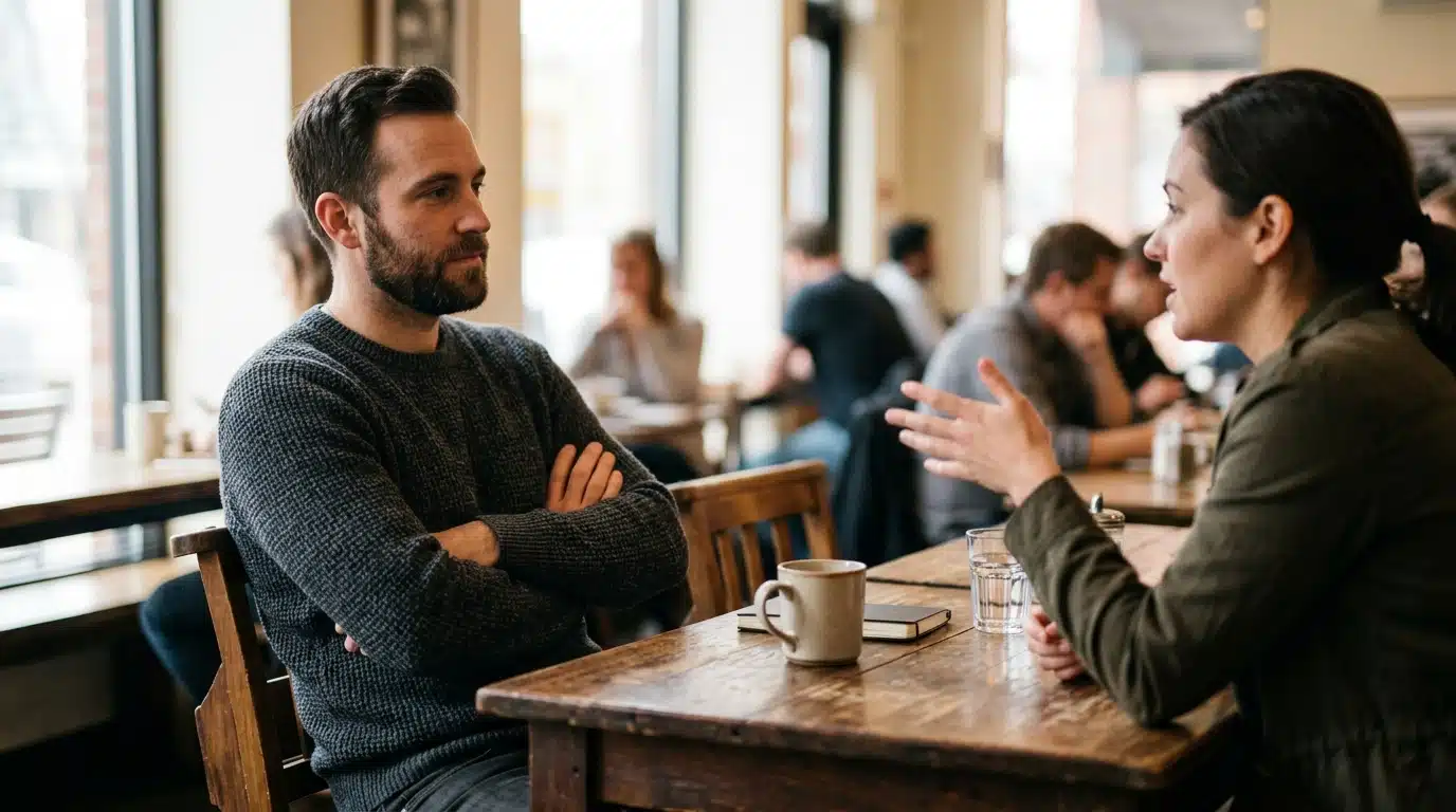 Deux personnes en conversation tendue autour d'une table