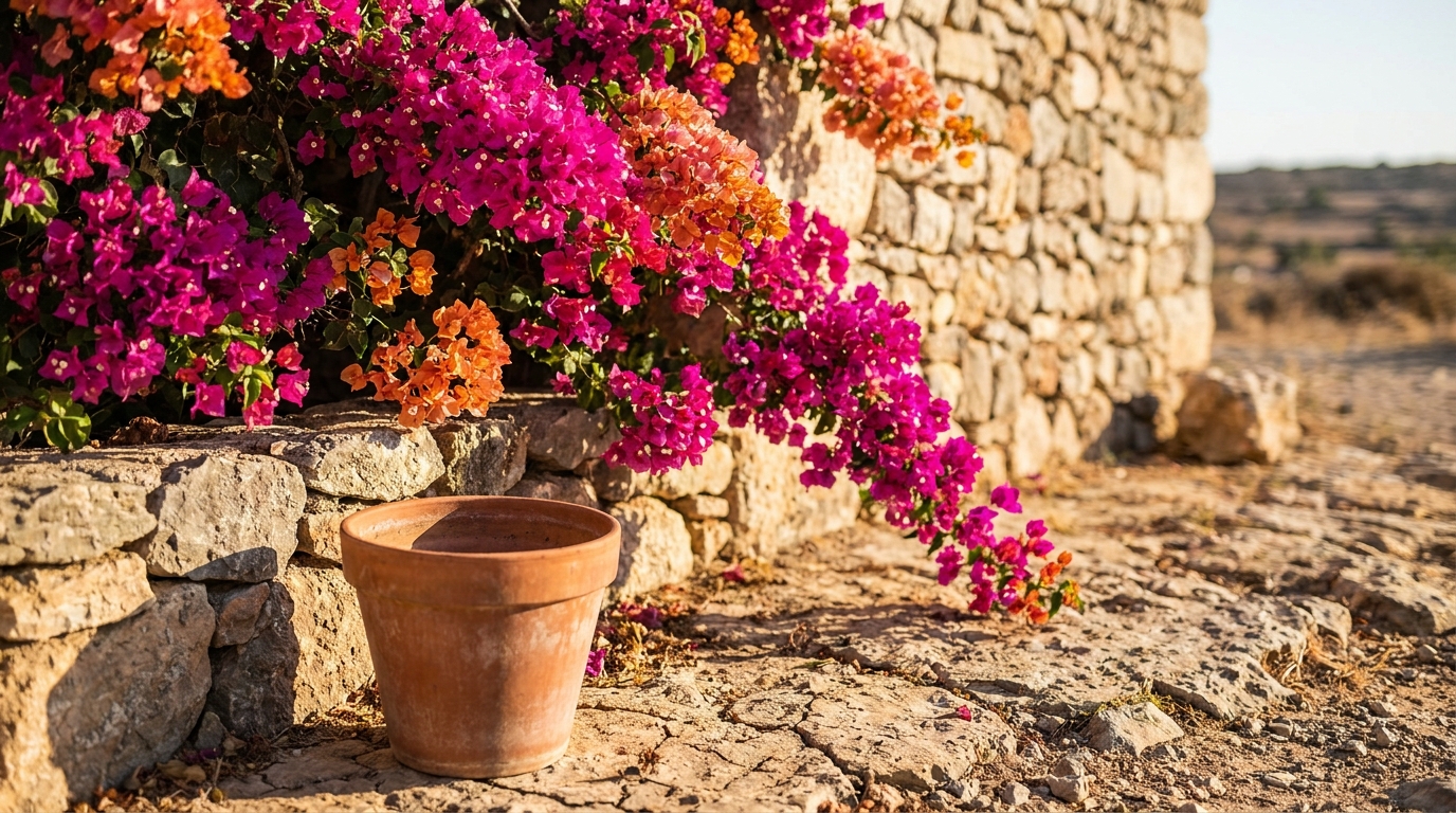 Bougainvillier en fleurs sur un mur de pierre ensoleillé