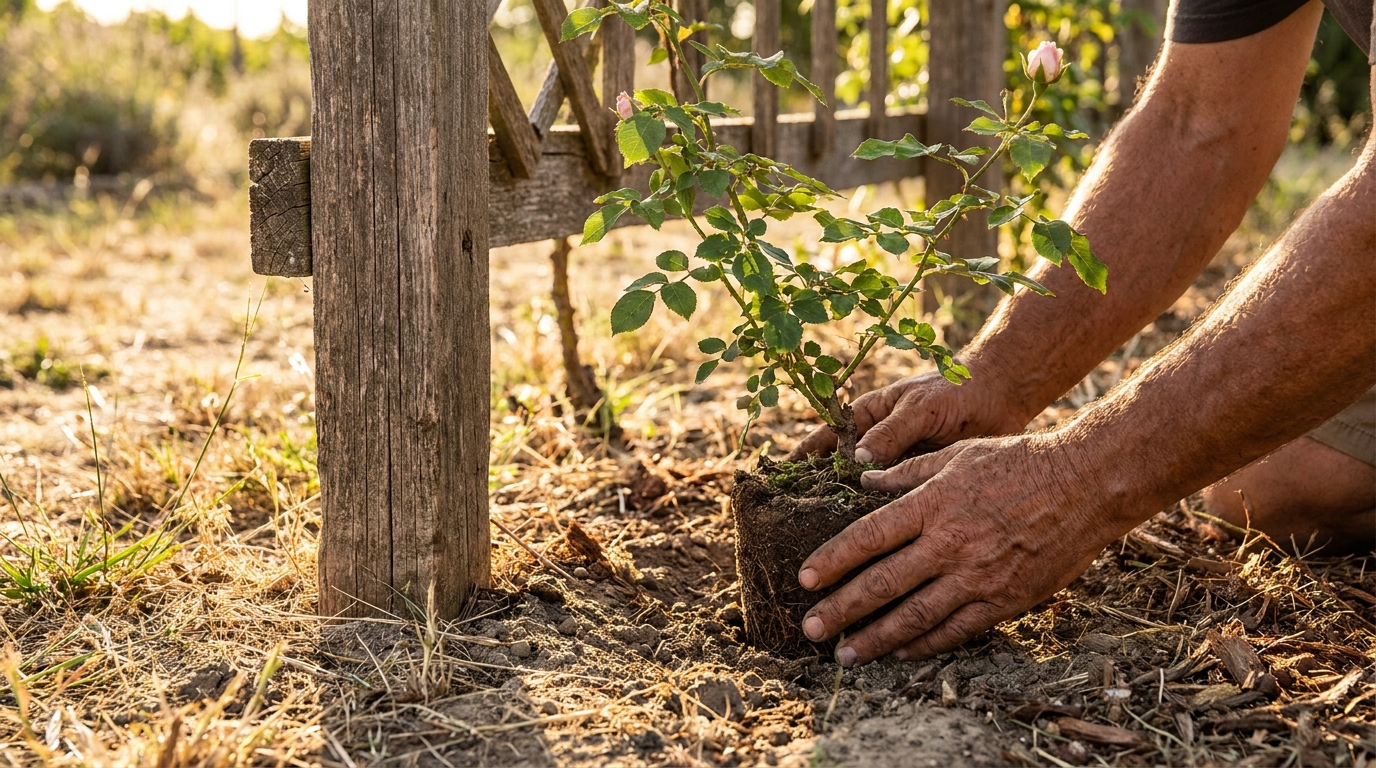 Mains plantant un rosier grimpant près d'une pergola en bois
