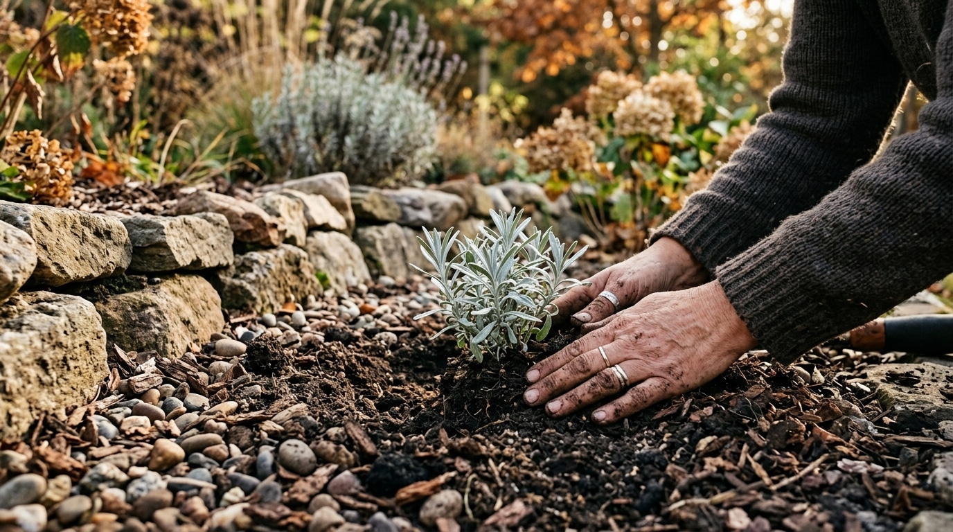 Plantation d'une vivace dans un sol sec paillé