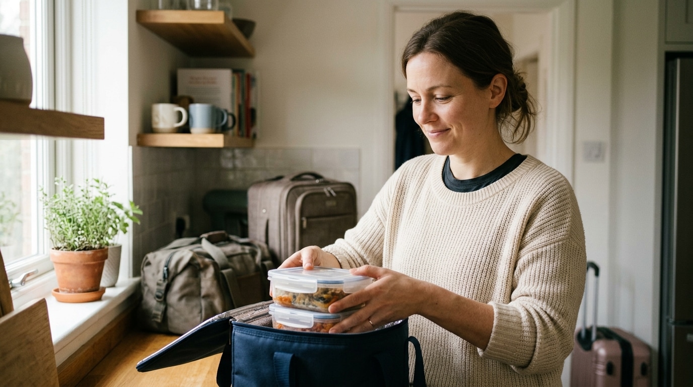Mère souriante préparant une glacière avant un départ en vacances