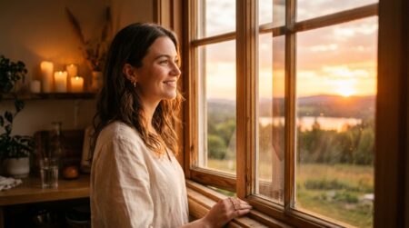 Femme souriante dans une lumière dorée de fin d'été