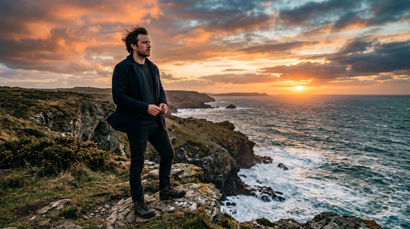 Homme contemplatif face à la mer au crépuscule