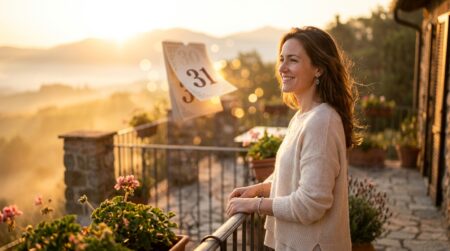 Femme souriante au lever du soleil sur un balcon