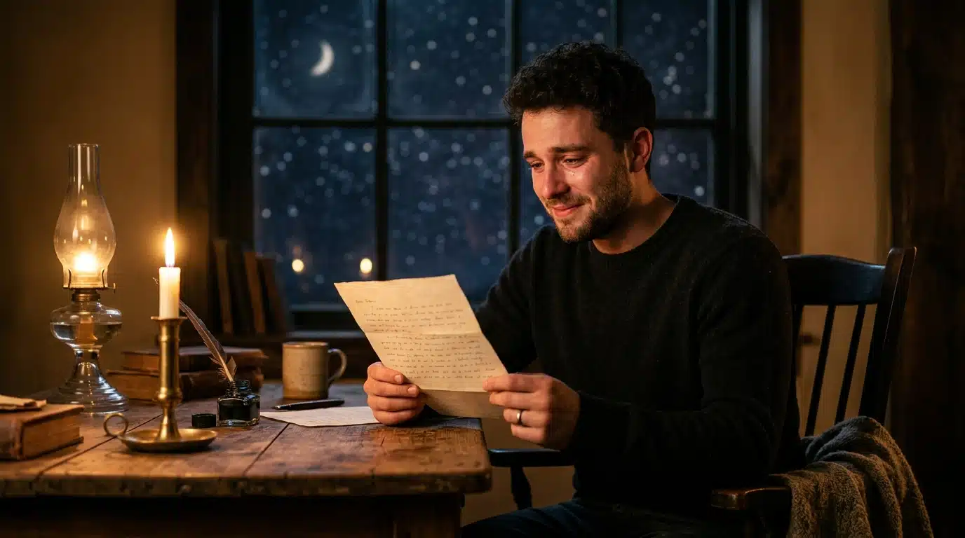 Homme lisant une lettre à la lueur d'une bougie