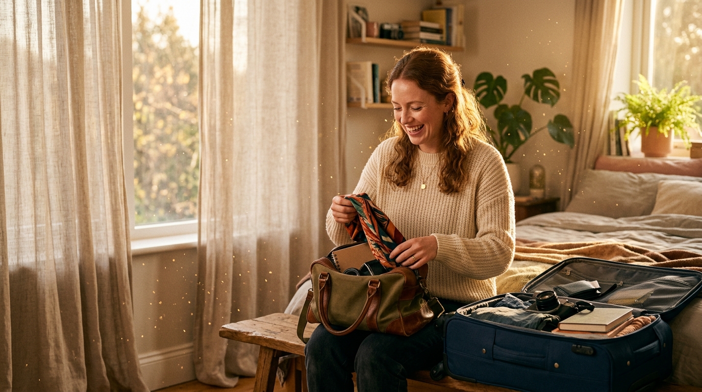 Femme préparant un sac de voyage avec enthousiasme
