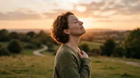 Silhouette au coucher de soleil, visage apaisé et confiant
