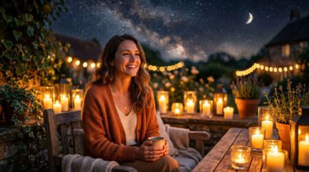 Femme souriante sous un ciel étoilé d'été mystique