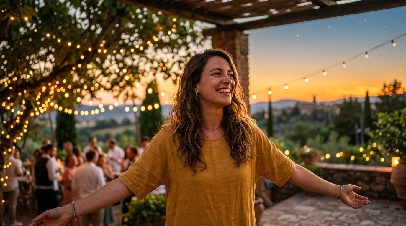 Femme joyeuse profitant d'une soirée d'été lumineuse