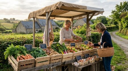 Étal de légumes et fruits frais chez un producteur local