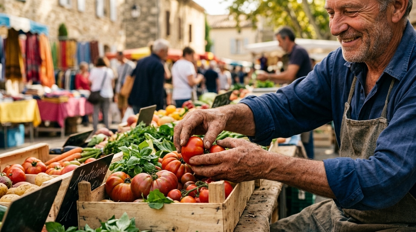 Producteur triant ses récoltes sur un marché fermier