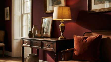 Salon élégant avec mur rouge profond et meubles en bois foncé