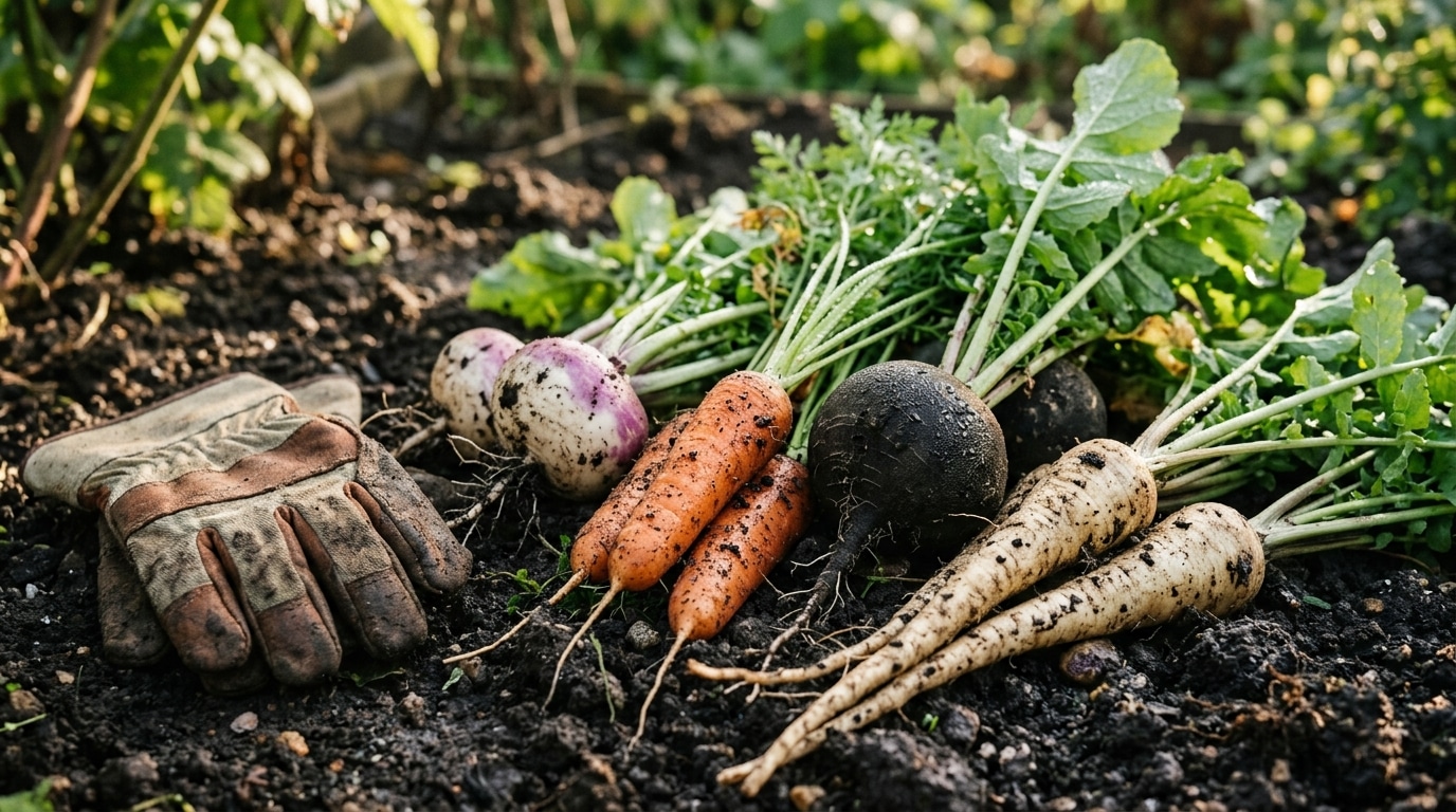 Légumes-racines fraîchement récoltés sur terre brune