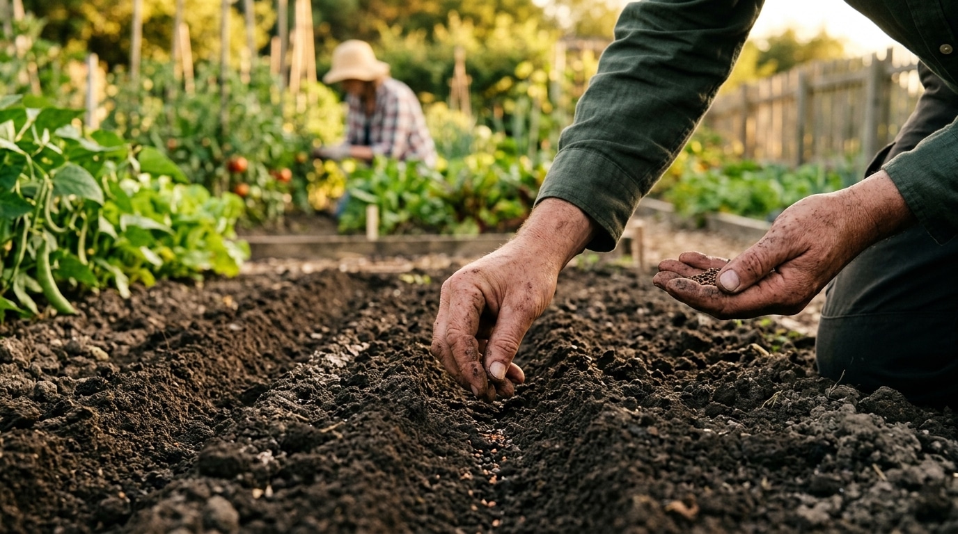 Mains semant des graines dans un sillon de terre
