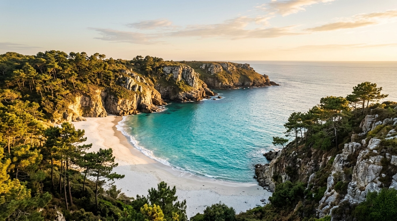 Crique bretonne aux eaux turquoise et falaises calcaires