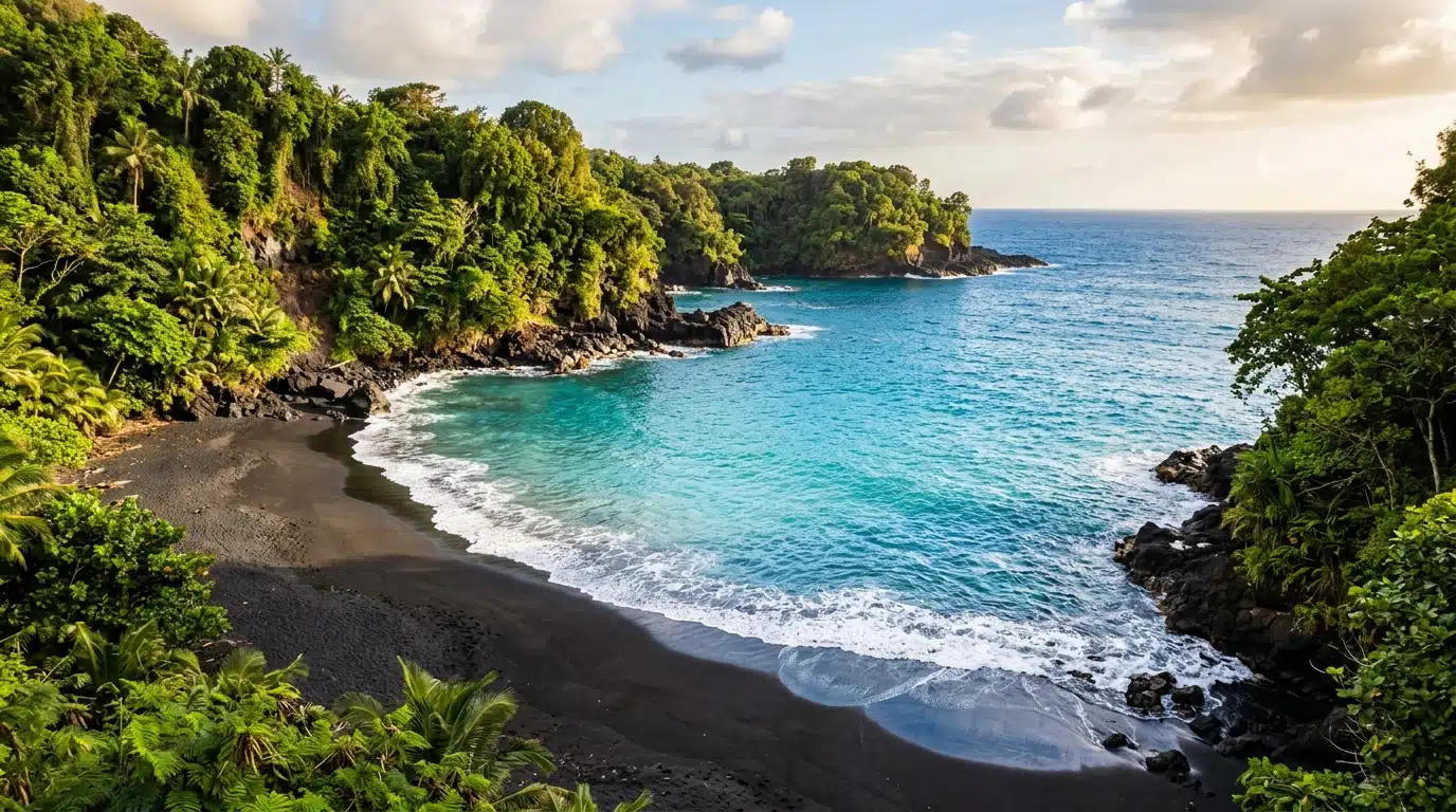 Plage de sable volcanique noir bordée de végétation tropicale