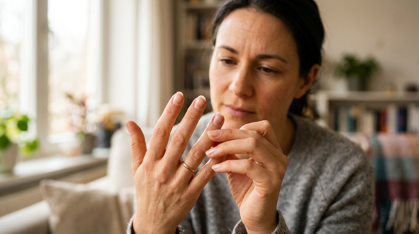 Main examinant attentivement ses ongles à la lumière