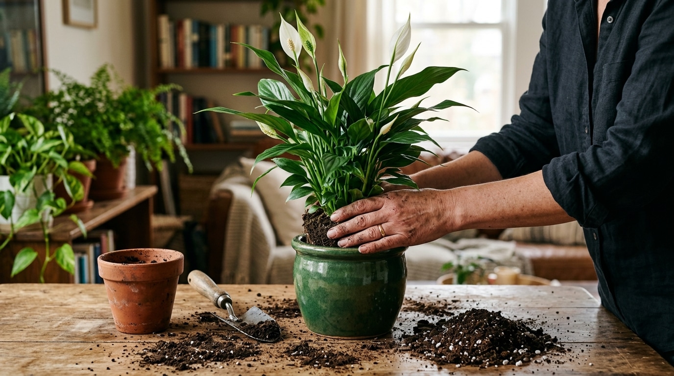 Mains rempotant une plante dans un pot en céramique