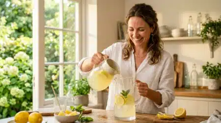 Femme préparant de la citronnade maison en été