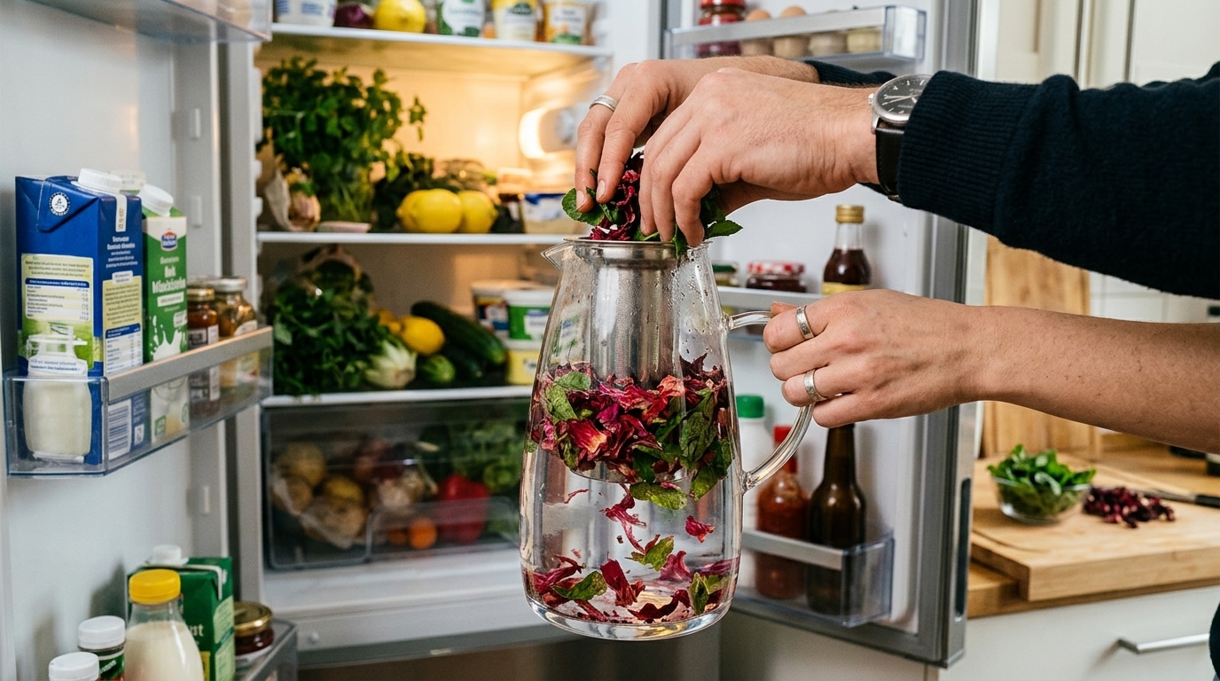 Infusion froide d'hibiscus et menthe dans une carafe