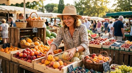 Étal de marché coloré rempli de fruits d'été