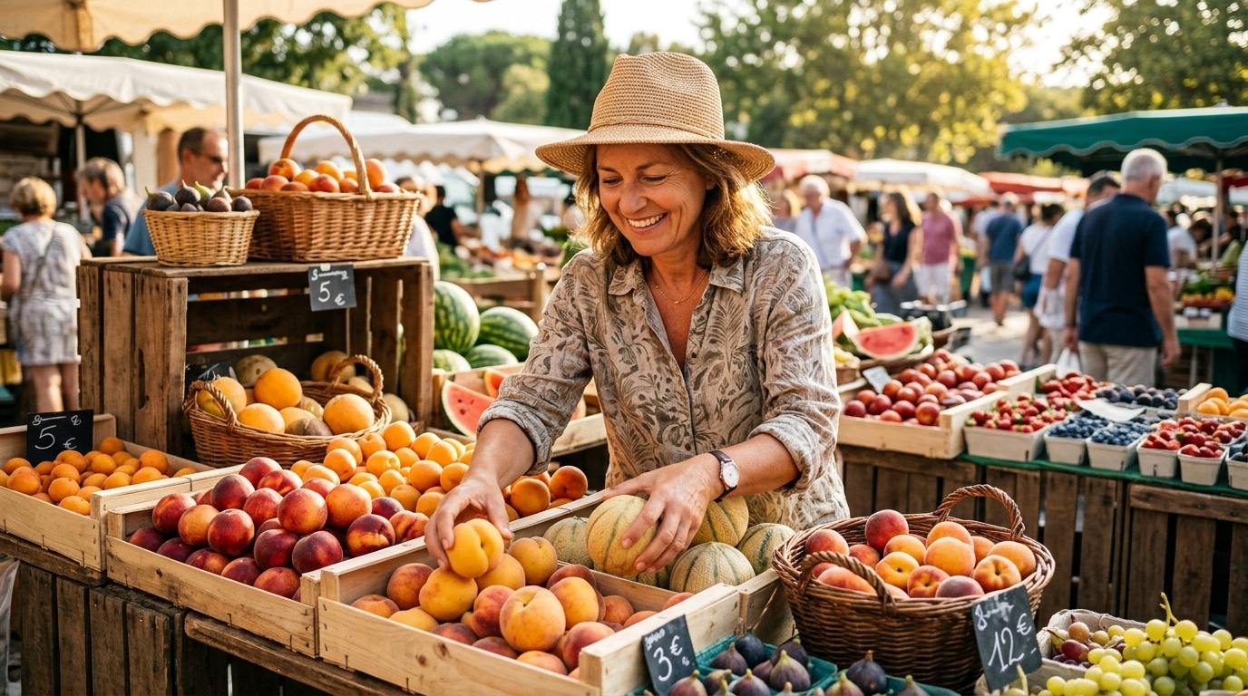 Étal de marché coloré rempli de fruits d'été