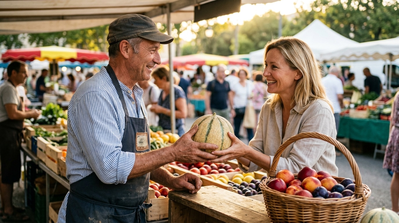 Vendeur de marché tendant un melon à une cliente